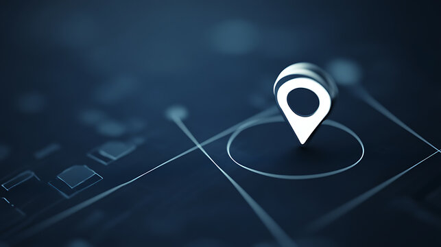A minimalist rendering of a white map pin on a dark blue surface with light streaks and geometric shapes, suggesting location technology, geographic navigation, and digital cartography. - Powered by Adobe
