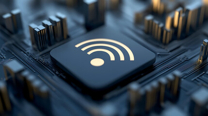 Close-up of a blue circuit board with a wifi icon on the central chip. The shot is angled, enhancing the depth of field and highlighting tech's integral role in modern connectivity.