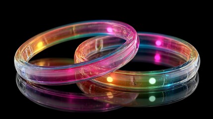 Two transparent, multicolored light-up bracelets rest on reflective black surface