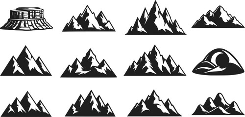Mountain silhouette. Black outline minimal mountains shape for banner border and scenic backdrop. Isolated vector set, transparent background EPS version.