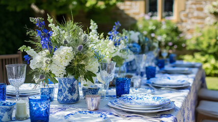 Outdoor coastal decor, cushion, plate, vase, flower, lemon and glass set on wood surface with natural light, garden view, relaxed summer style table and tablescape in countryside