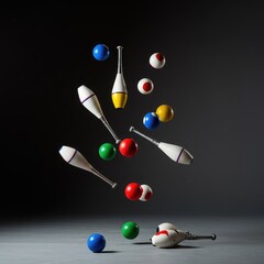 Dynamic shot capturing multiple colorful juggling balls frozen high in the air during an energetic performance act ,colorful ,activity ,practice