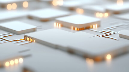 Geometric patterns of modern circuitry evoke high-tech precision. Pale surfaces with diffused golden highlights create a clean, futuristic aesthetic. Circuit design and innovation.