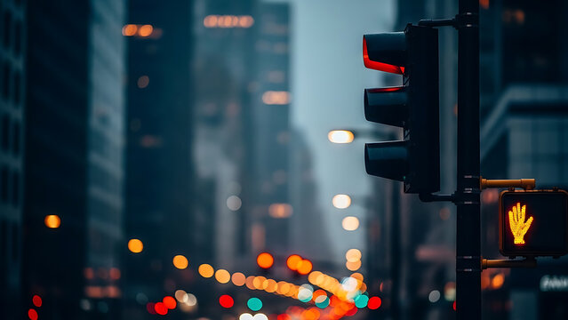 Traffic lights with pedestrian signal on a city street at dusk urban - Powered by Adobe