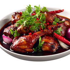 Spicy Korean Fried Chicken Dakgangjeong in White Bowl with Red Chili Peppers, Rosemary, isolated on transparent background
