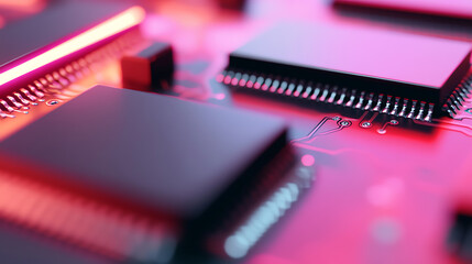Detailed view of a printed circuit board with microchips. The intricate details and vibrant hues highlight the advanced engineering. High-tech aesthetics dominate.