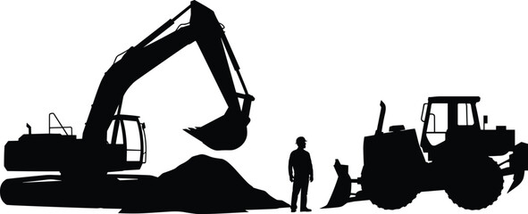 Construction scene silhouette with excavator, bulldozer, and worker for earth-moving, labor, and industrial themes. © Shirina