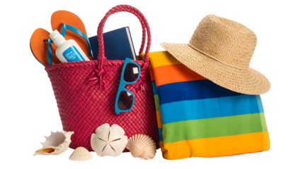 Colorful beach essentials packed and ready for a joyful summer vacation by the sea isolated on transparent background