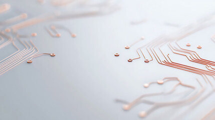 An abstract, minimalist close-up featuring circuit pathways in copper tones on a soft, light background. The design suggests connection, technology, and futuristic ideas.