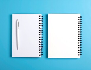 Two blank notebooks and a pen on a turquoise surface