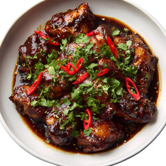 Spicy Korean Fried Chicken Dakgangjeong in White Bowl with Red Chili Peppers, Rosemary, isolated on transparent background