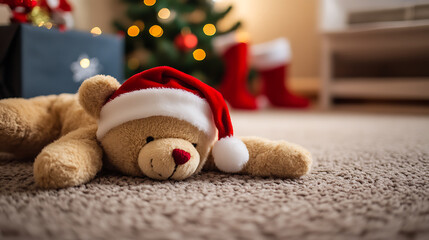 Festive teddy bear lounging on the carpet with a santa hat, with christmas tree, stockings, and a present in the background. Holiday spirit, cozy atmosphere.