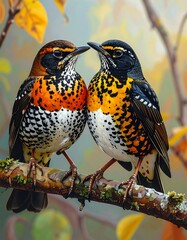 Two colorful birds facing each other on a branch