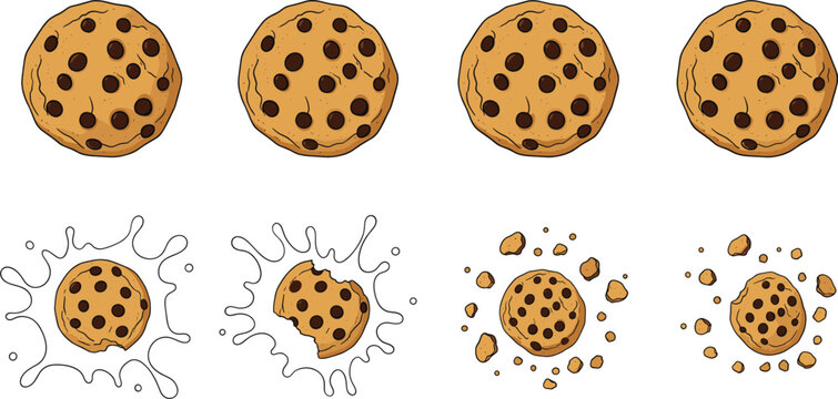 Chocolate chip cookies collection with whole, splashed, and crumbled biscuit illustrations isolated on white background vector set