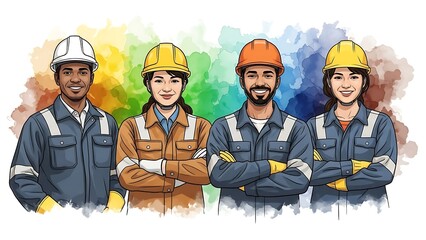 Diverse group of smiling construction workers wearing hard hats and work uniforms