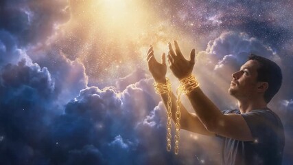 Emotional prayerful man breaking free from chains in a cosmic background of light and clouds