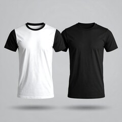 Two blank t-shirts, white and black, displayed against a gray background