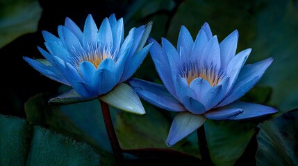 Two vibrant blue water lilies bloom, contrasted against dark leafy foliage