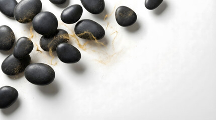 Minimalist flat lay of surreal floating stones and gold dust