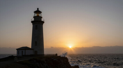 Lighthouse stands on rocky coast, lantern lit, sunset glows on horizon, waves crash below, sky painted warm orange