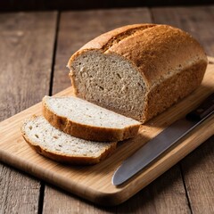 Fresh whole grain bread cut into slices lies in a cutting board and knife.