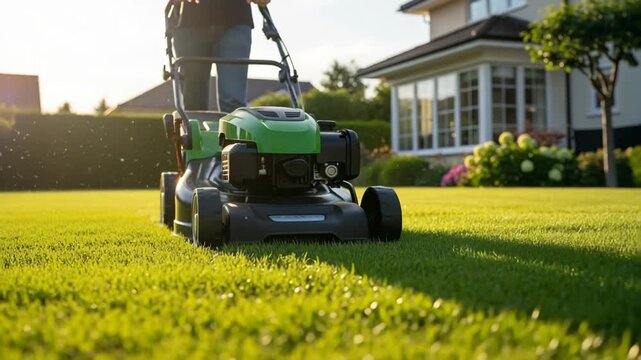 Person mowing lawn with green lawnmower in sunny suburban backyard with modern house 4K Ai HD high quality video.
