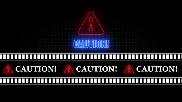 CAUTION text icon in border frame with tape animation.Alert all program interface malware virus sign.privacy and protection data,glowing neon triangle sign with exclamation mark.