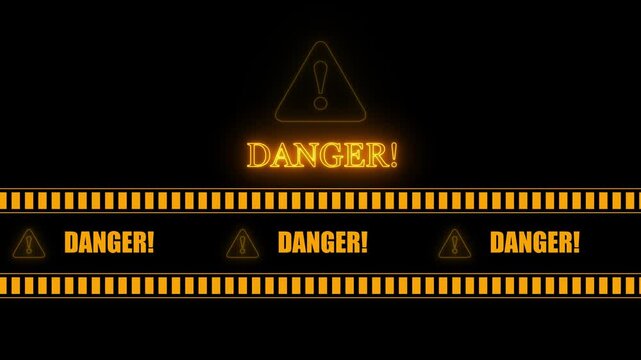 DANGER text icon in border frame with tape animation.Alert all program interface malware virus sign.privacy and protection data,glowing neon triangle sign with exclamation mark.