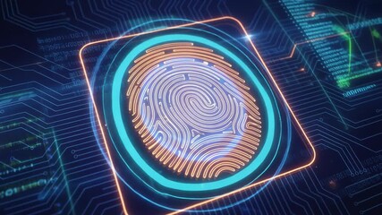 Futuristic fingerprint biometric technology with data processing and network access indicators - Powered by Adobe