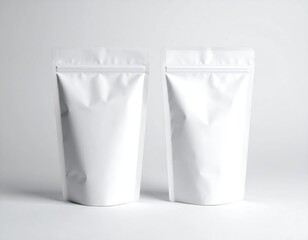 Two blank white pouches on a plain background