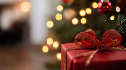 A beautifully wrapped red present with a glittery bow sits beneath a festive tree adorned with soft, glowing lights, promising joy and anticipation of celebrations.