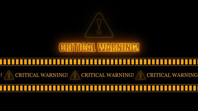 CRITICAL Warning text icon in border frame with tape animation.Alert all program interface sign.privacy and protection data,glowing neon triangle sign with exclamation mark.