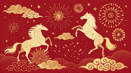 Obraz premium Golden horses celebrate Chinese New Year with fireworks
