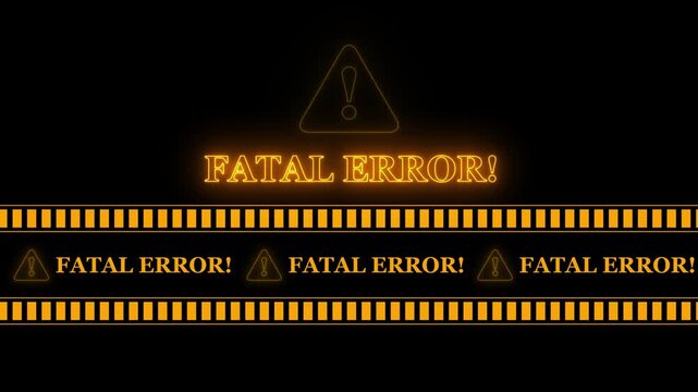 FATAL ERROR text icon in border frame with tape animation.Alert all program interface virus sign.privacy and protection data,glowing neon triangle sign with exclamation mark.