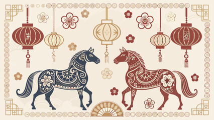 Vibrant horses with floral patterns and lanterns in Chinese style