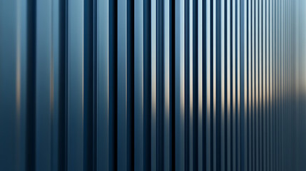 Obraz premium A close-up of a metal wall with parallel vertical lines, rendered in a blue metallic finish, showcases precise lines and reflections of light, creating depth and texture.