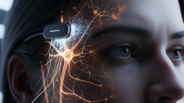 Futuristic woman with neural interface technology glowing brain connections tech innovation 4K Ai HD high quality video.
