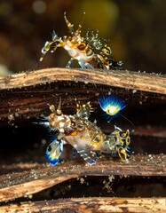 Two colorful crustaceans on layered driftwood