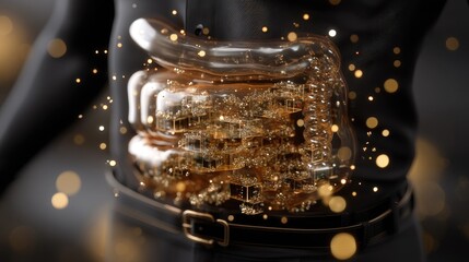 Human body anatomy with digestive system visualization and DNA icons on dark background in 3D rendering