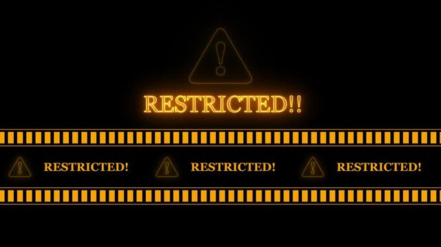 RESTRICTED text icon in border frame with tape animation.Alert all program interface virus sign.privacy and protection data,glowing neon triangle sign with exclamation mark.