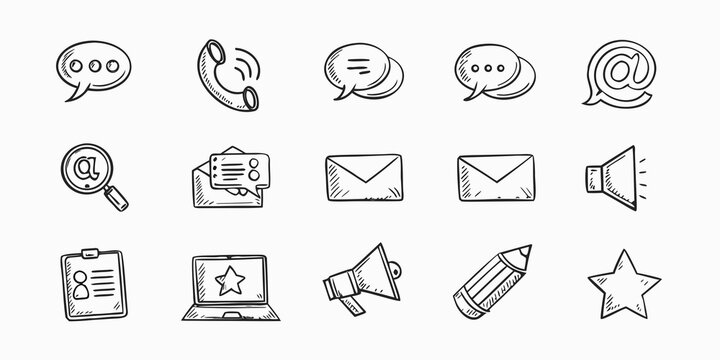 Collection of hand drawn communication and office related icons in black and white