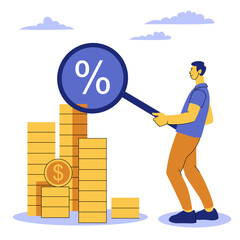 Business finance illustration of a man holding a magnifying glass with percentage symbol over stacks of coins, representing interest rates, investment analysis, savings growth, and financial planning.