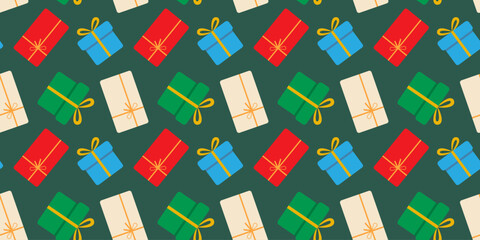 Multicolor Gifts Top and Front View Seamless Pattern Banner Format Holiday Backdrop Flat Design idea. Isolated Vector illustration Greeting Thematic Cards Background Party invite, leaflets Media Posts