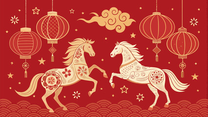 Vibrant Chinese New Year art with horses and lanterns