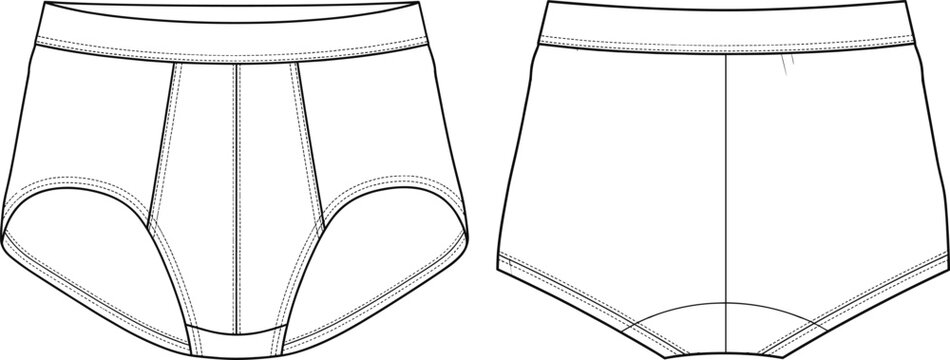 Blank white mens underwear briefs technical fashion flat sketch vector illustration with front and back views for tech pack