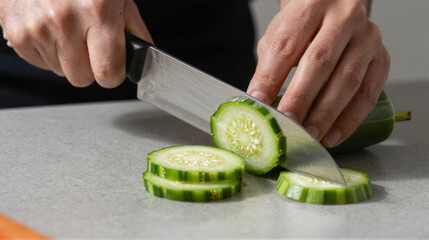 Hands slicing a cucumber with a sharp knife on a gray cutting board, revealing crisp green skin and pale interior, with neatly stacked slices nearby