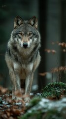 Fototapeta premium Majestic gray wolf portrait in dense forest, powerful amber eyes and detailed fur texture, soft natural light, professional wildlife photography