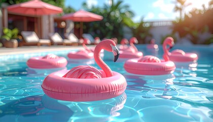 Pool scene with pink flamingo floats, lounge chairs, umbrellas, and lush tropical foliage
