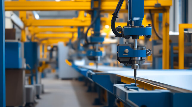 A manufacturing plant with automated drilling machinery, featuring blue and yellow hues. Precision and advanced engineering define the workspace. Modern technology, industrial.
