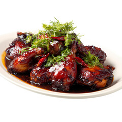 Spicy Korean Fried Chicken Dakgangjeong in White Bowl with Red Chili Peppers, Rosemary, isolated on transparent background